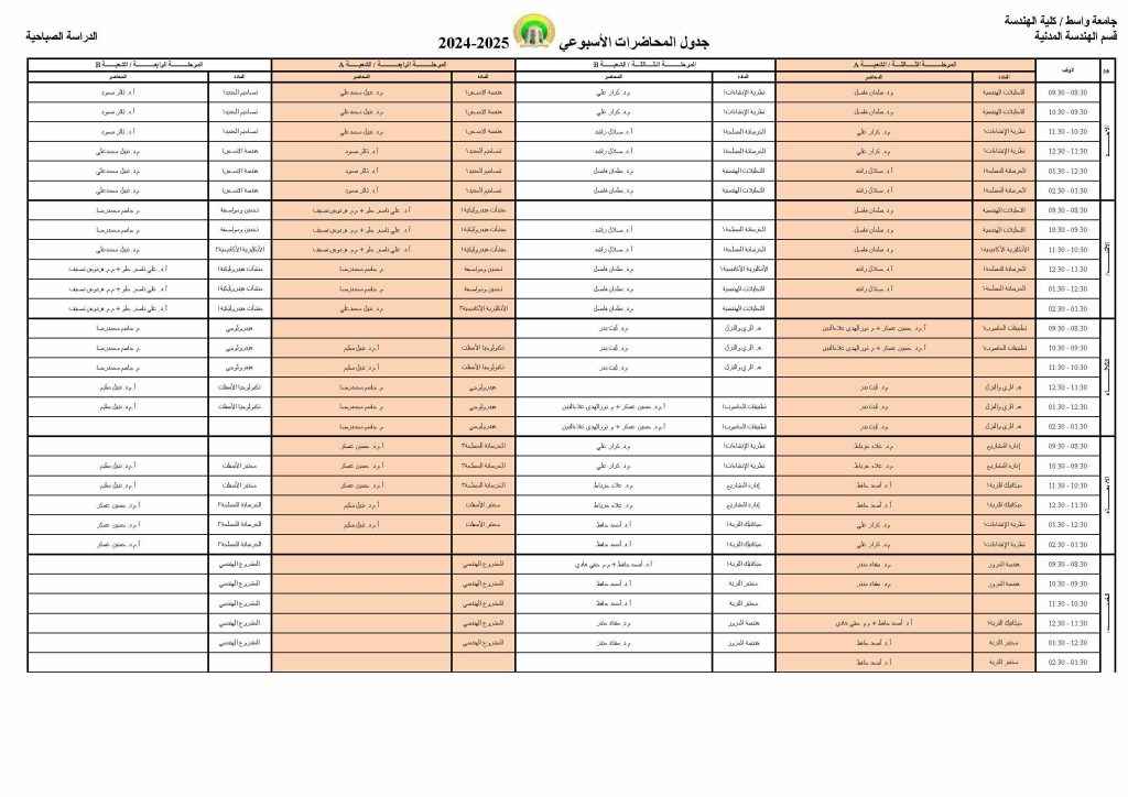 جدول المحاضرات الصباحية والمسائية 2024 2025 Page 2 1024x724