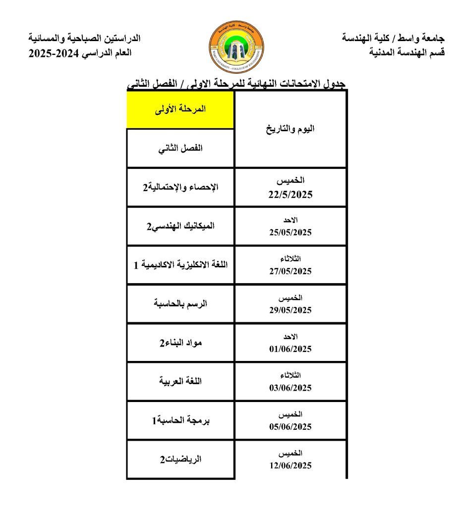 جدول امتحانات المرحلة الاولى 918x1024